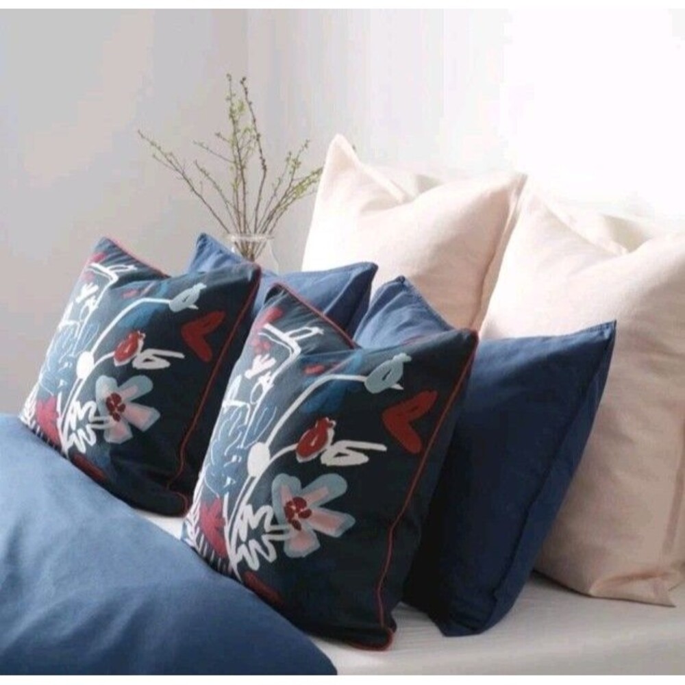 IKEA Pillow Covers Set Of Two 20"X20" Abstract Floral Blue Navy Red MALARBORSTE - Picture 12 of 13